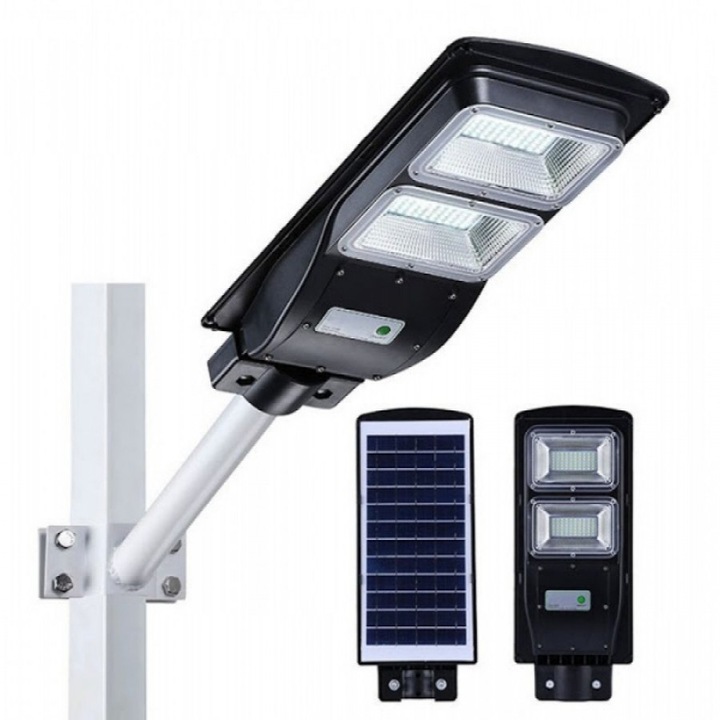 Lampa Solara Stradala 100W cu Telecomanda, Detector Uman, Stalp Prindere si Suruburi