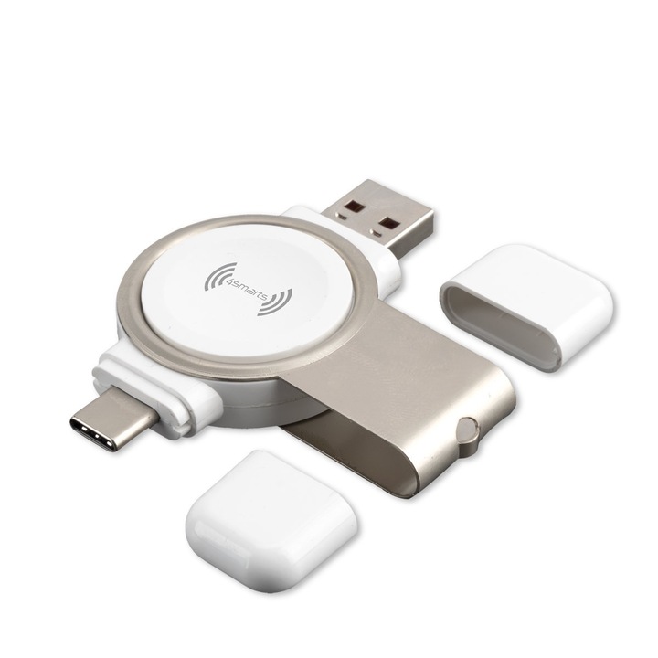 Incarcator Wireless 4smarts VoltBeam Mini compatibil cu Apple Watch, USB/USB-C, 2.5W, Alb