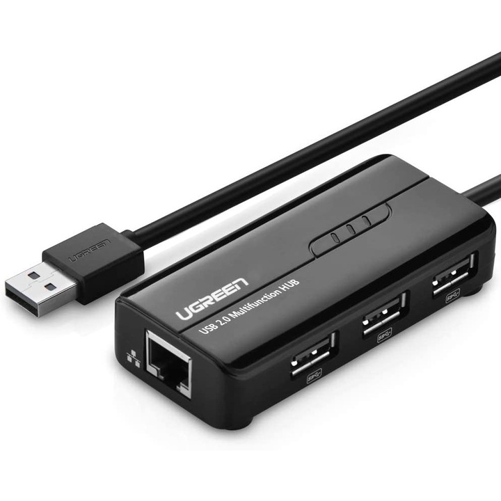 Външен мрежов адаптер Ugreen 20264, USB 2.0 мъжки към RJ-45 порт 10/100 Mbps, USB 2.0 x 3, led, черен