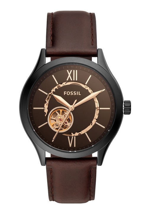 Fossil, Автоматичен часовник с кожена каишка, Кафяв, Черен