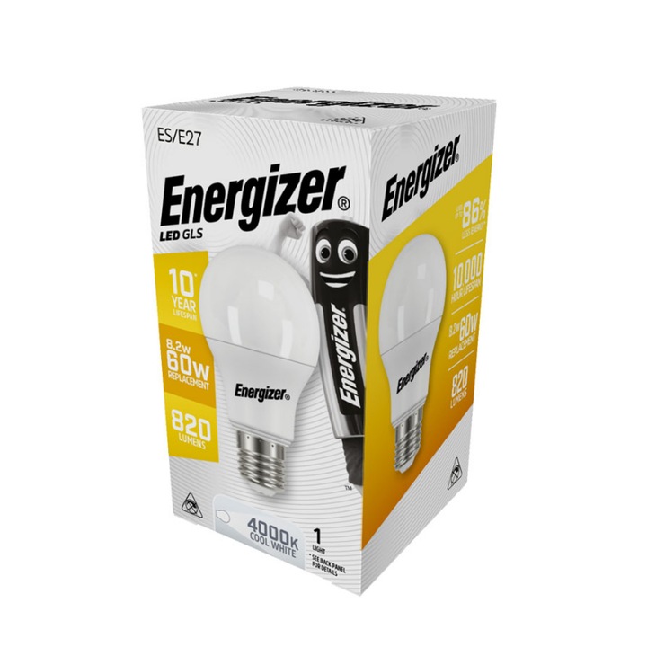 Energizer LED крушка, E27, 8.2 W, 820 lm, 4000k, Студено бяло