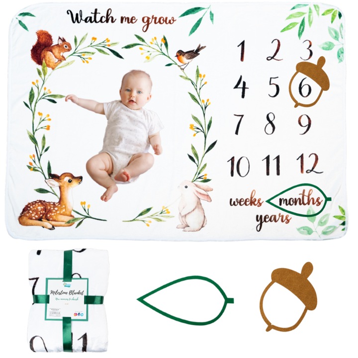 BabySnugg Milestone Mérföldkő takaró, emlékezetes fotókhoz, 100x150 cm, állatok