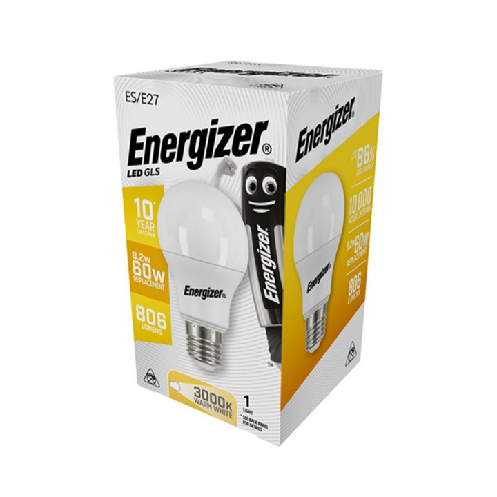 Energizer LED крушка, E27, 8.2 W, 806 lm, 3000k, Топло бяло