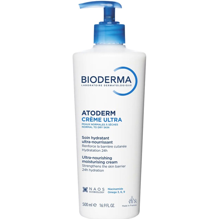 Crema de corp Bioderma Atoderm Ultra, pentru piele sensibila, normala si uscata, formula neparfumata, 500 ml