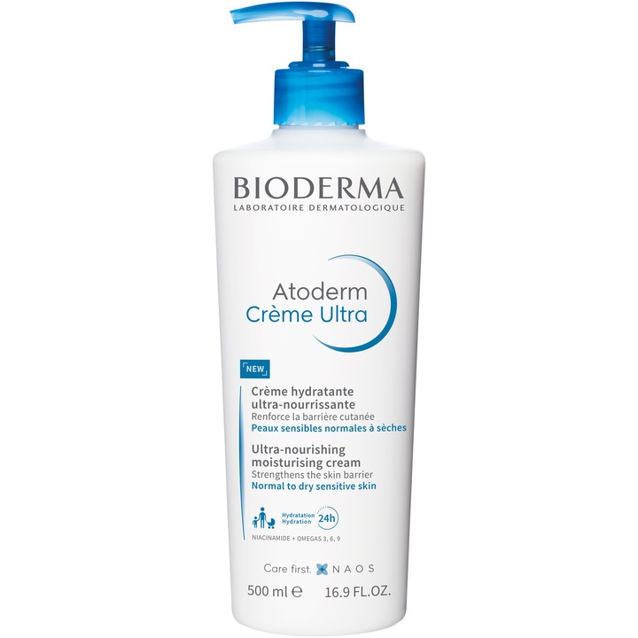 Крем за тяло Bioderma Atoderm Ultra, За чувствителна, нормална и суха кожа, Формула без аромат, 500 мл