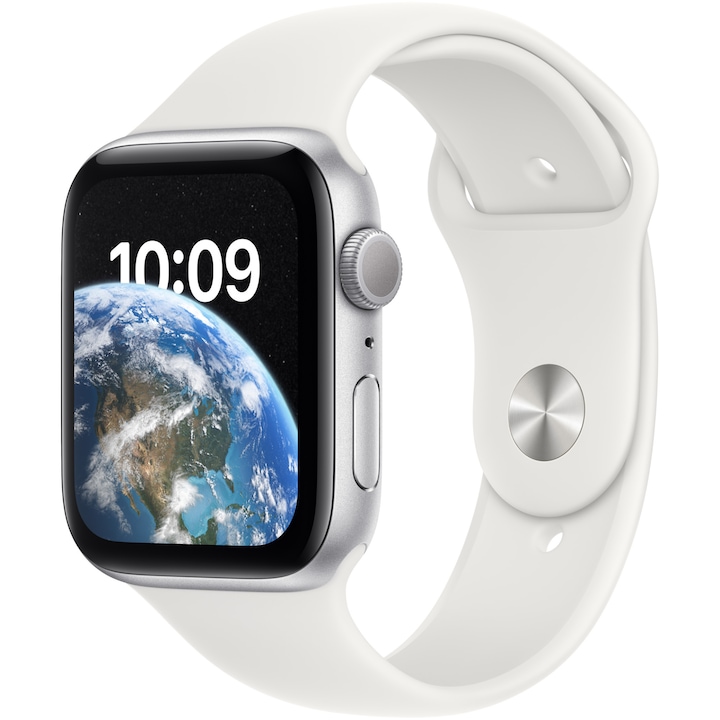 Apple Watch SE 2 (2022), GPS, ezüstszínű alumínium tok, 44 mm, fehér sport szíj