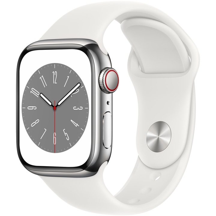 Смарт часовник Apple Watch 8, 41 мм, Cell, Silver Stainless Steel Case, White Sport Band