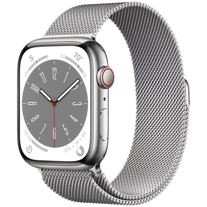 Смарт часовник Apple Watch 8, 41 мм, Cell, Silver Stainless Steel Case, Silver Milanese Loop