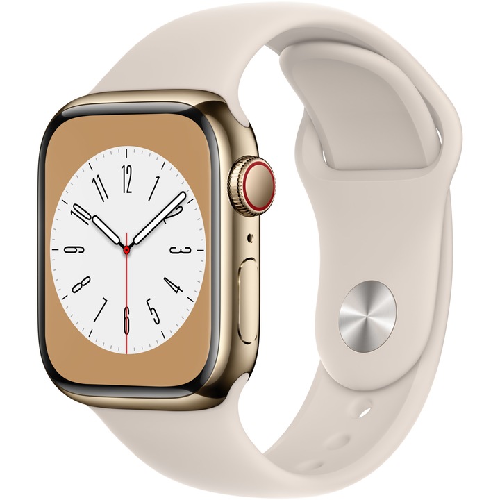 Смарт часовник Apple Watch 8, 41 мм, Cell, Gold Stainless Steel Case, Starlight Sport Band
