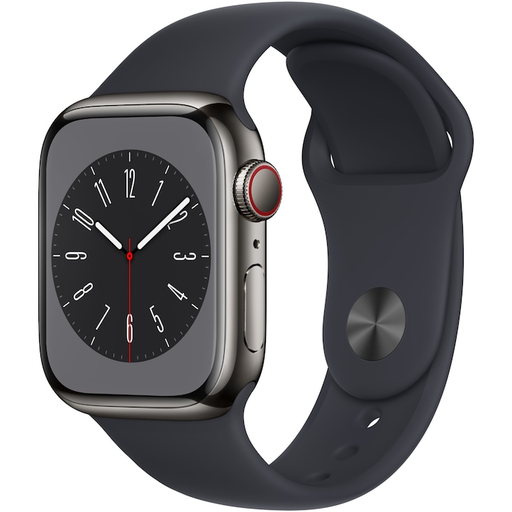 Смарт часовник Apple Watch 8, 41 мм, Cell, Graphite Stainless Steel Case, Midnight Sport Band