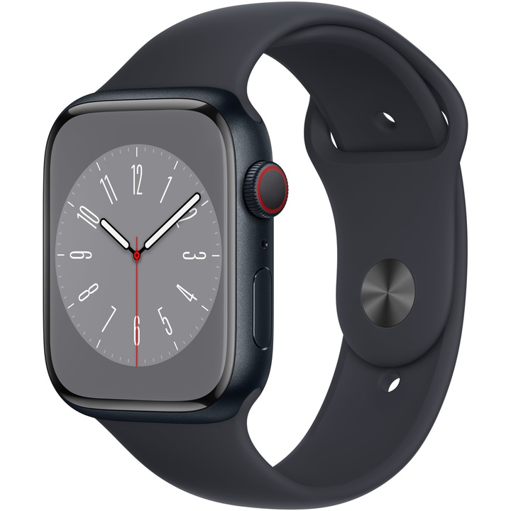Смарт часовник Apple Watch 8, 45 мм, Cell, Midnight Aluminium Case, Midnight Sport Band