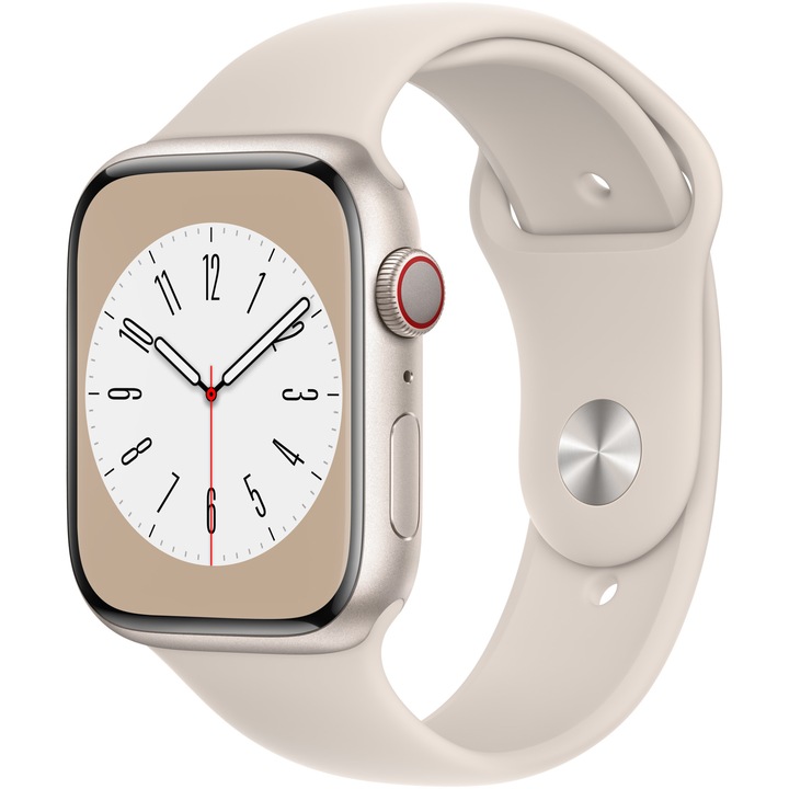 Смарт часовник Apple Watch 8, 45 мм, Cell, Starlight Aluminium Case, Starlight Sport Band