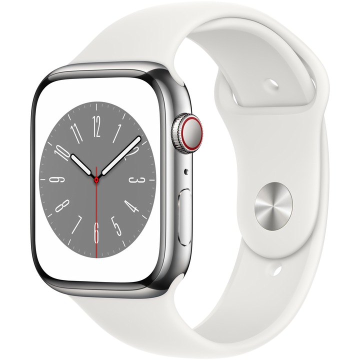 Смарт часовник Apple Watch 8, 45 мм, Cell, Silver Stainless Steel Case, White Sport Band