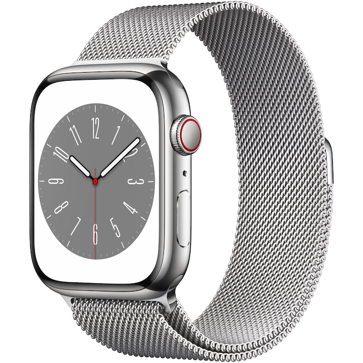 Смарт часовник Apple Watch 8, 45 мм, Cell, Silver Stainless Steel Case, Silver Milanese Loop