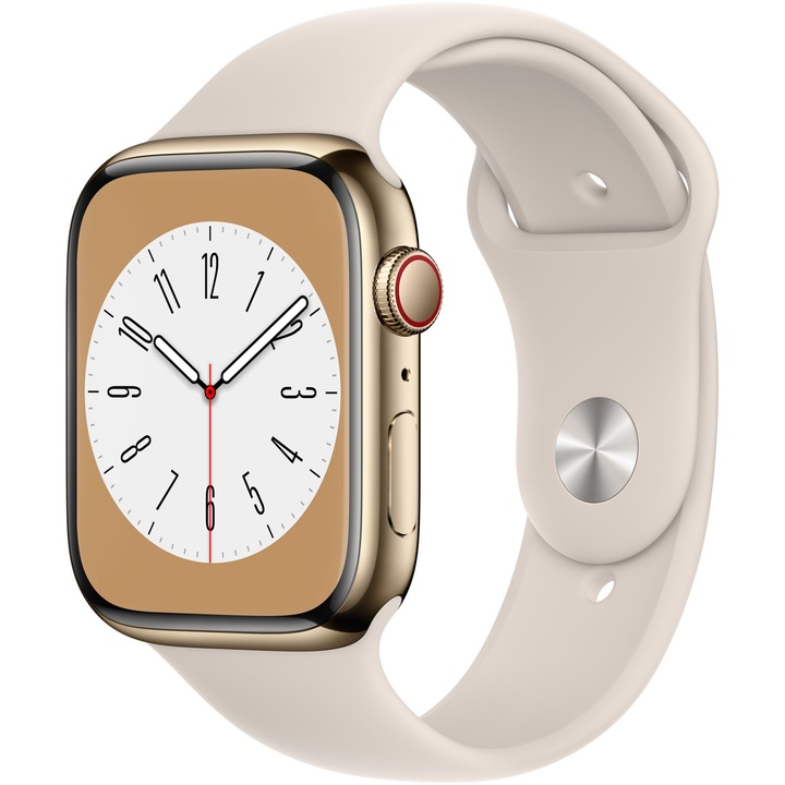 Смарт часовник Apple Watch 8, 45 мм, Cell, Gold Stainless Steel Case, Starlight Sport Band