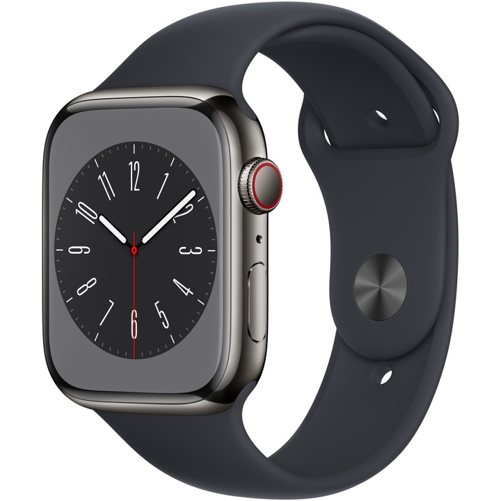 Смарт часовник Apple Watch 8, 45 мм, Cell, Graphite Stainless Steel Case, Midnight Sport Band