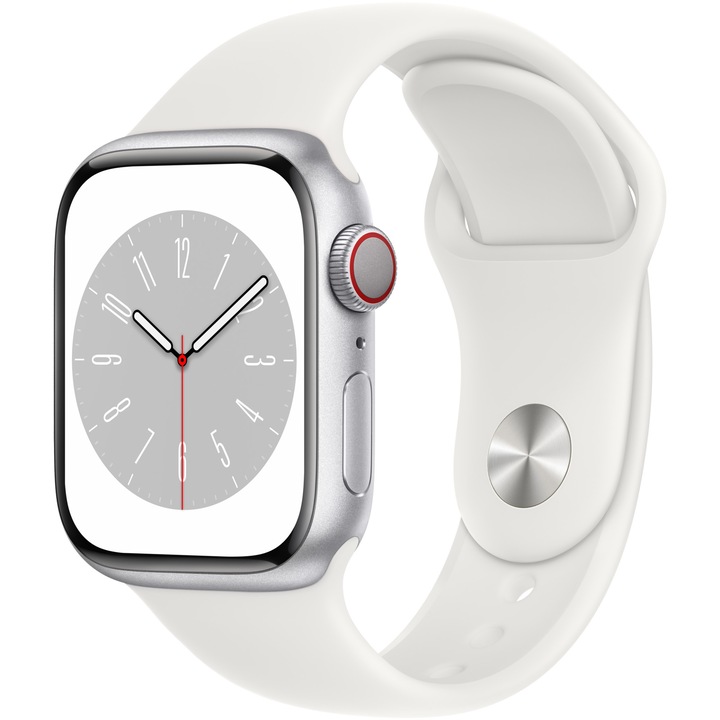Смарт часовник Apple Watch 8, 41 мм, Cell, Silver Aluminium Case, White Sport Band