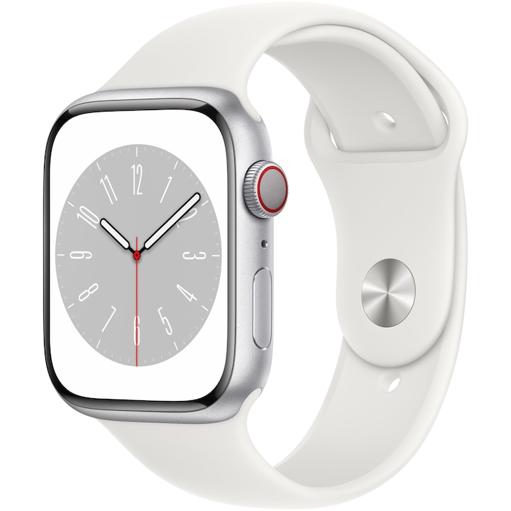 Смарт часовник Apple Watch 8, 45 мм, Cell, Silver Aluminium Case, White Sport Band