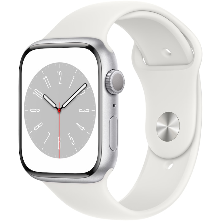 Apple Watch 8, GPS, Carcasa Silver Aluminium 45mm, White Sport Band