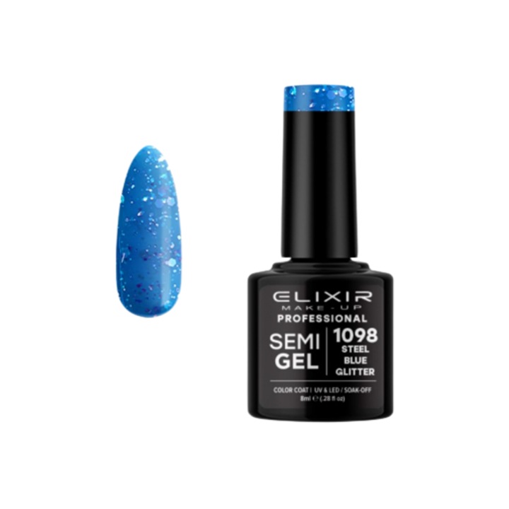 Oja semipermanenta Elixir Make-Up 1098 Steel Blu Glitter 8ml