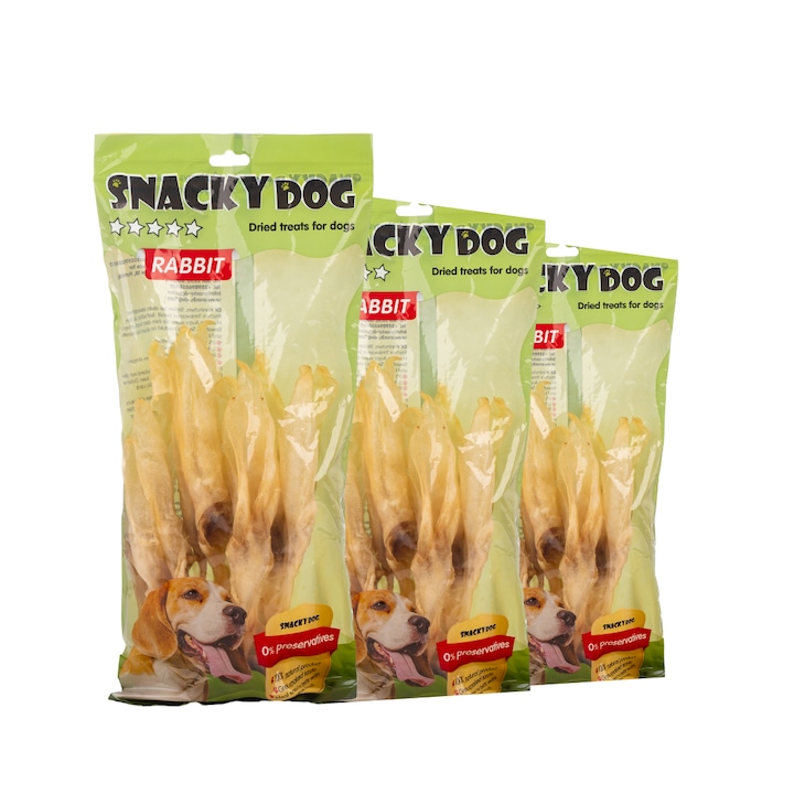 Опаковка от 3 лакомства за кучета Snacky Dog заешки уши без козина, 300 г
