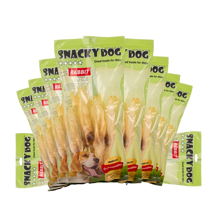 Опаковка от 10 лакомства за кучета Snacky Dog заешки уши без козина, 1000 g