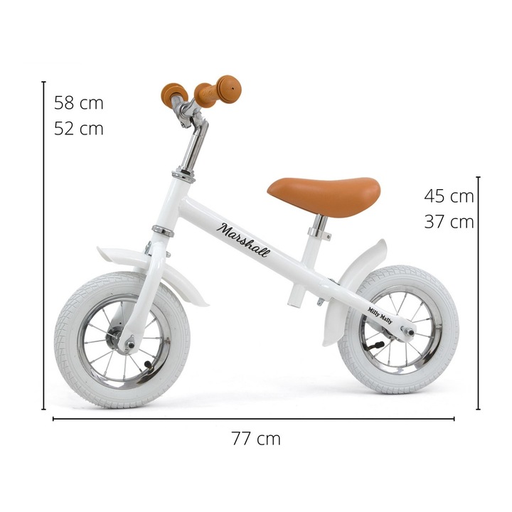 Детски велосипед за баланс Milly Mally Marshall Air, стоманена рамка, 10", бял/кафяв