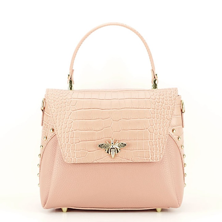 Rózsaszín valódi bőr táska brosssal 8968 122