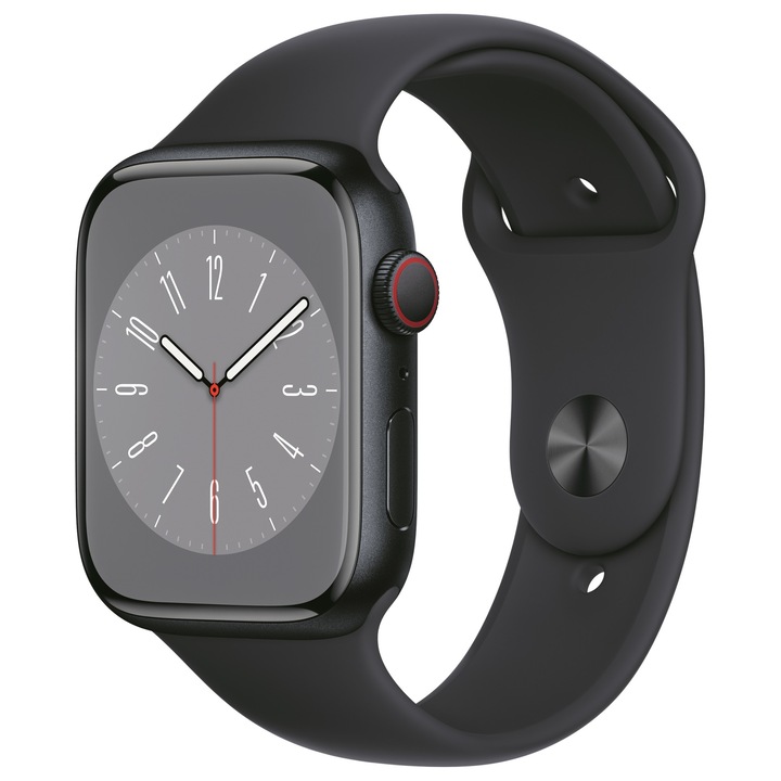 Часовник Apple Watch Series 8 Cellular, 41 мм, Среднощна черен алуминиев корпус, Среднощна черна спортна каишка