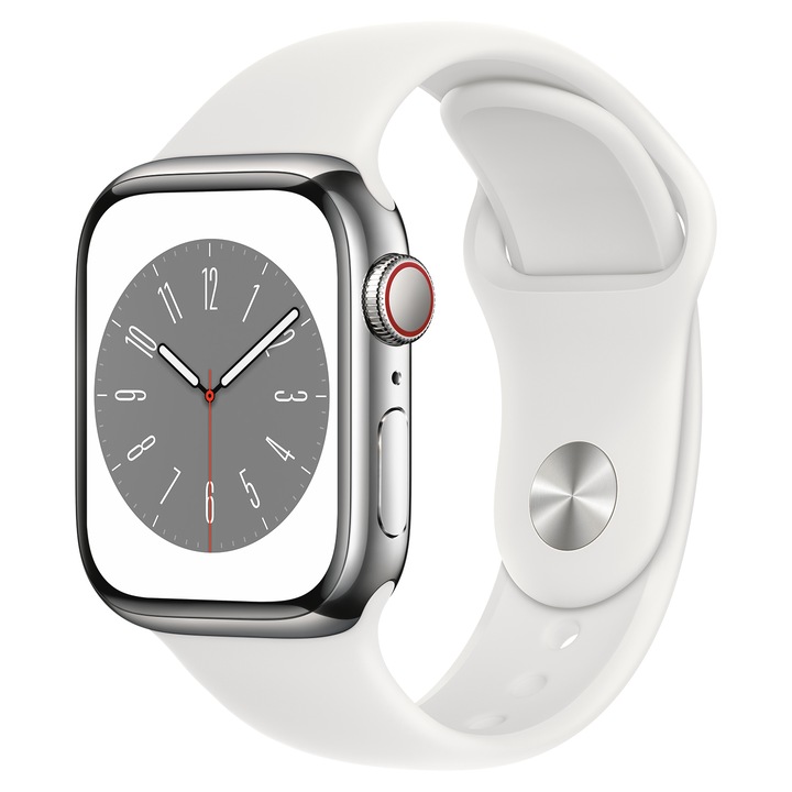 Apple Watch Series 8 Cellular, 45mm, Ezüst rozsdamentes acél tok, Fehér sportszíjjal