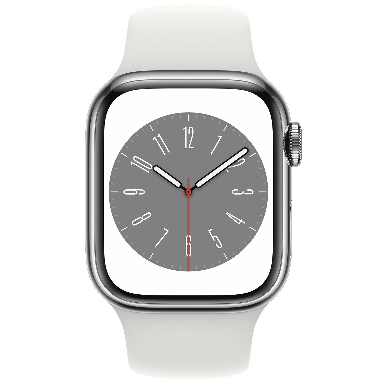 Apple Watch Series 8 Cellular, 45 мм, сребрист корпус от неръждаема стомана, с бяла спортна