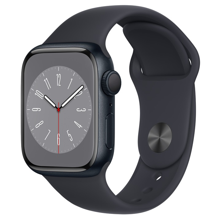 Apple Watch Series 8 GPS, 45mm, Éjfekete alumínium tok, Éjfekete sportszíjjal