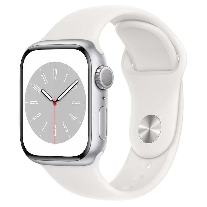 Apple Watch Series 8 GPS, 45mm, Ezüst alumínium tok, Fehér sportszíjjal