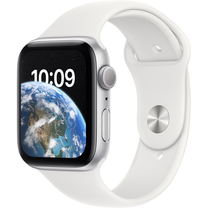 Apple Watch SE2 GPS, 44mm, Ezüst alumínium tok, Fehér sportszíjjal