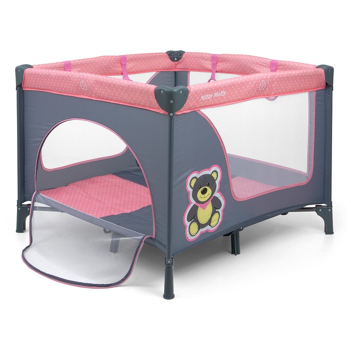 Tarc de joaca pentru copii Milly Mally Fun Bear, Pliabil, 100x100 cm, Gri/Roz
