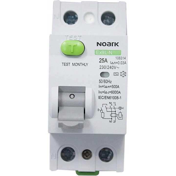 Automata differenciálbiztosíték 108314 Ex9L-N, Noark, 2P, 25A, 30mA