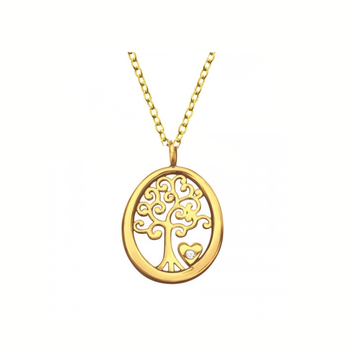 Позлатено сребърно колие с кръгла висулка Дървото на живота, верижка 45 см, кутия за бижута