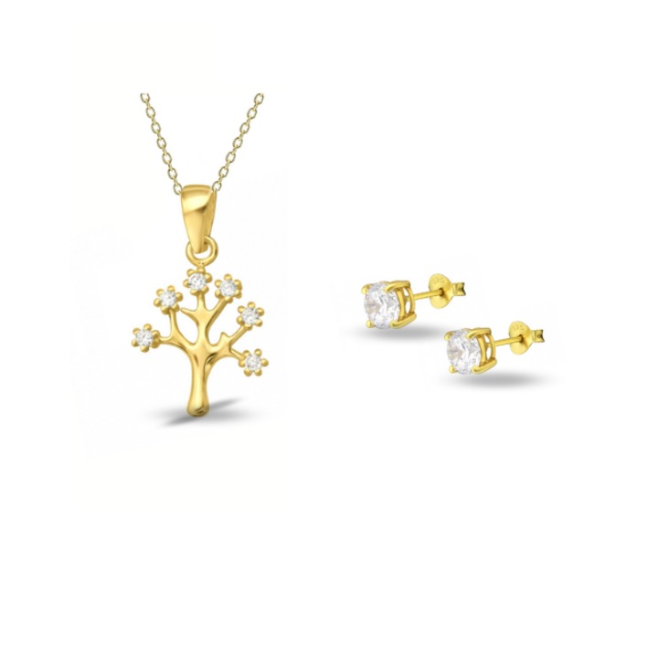 Set din argint placat cu aur 14K cercei si colier Tree of Life Crystals