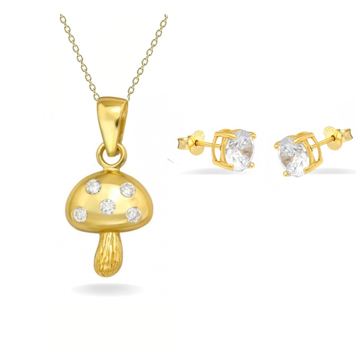 Комплект от 14K позлатени сребърни обеци и колие Mushroom Gold Crystals