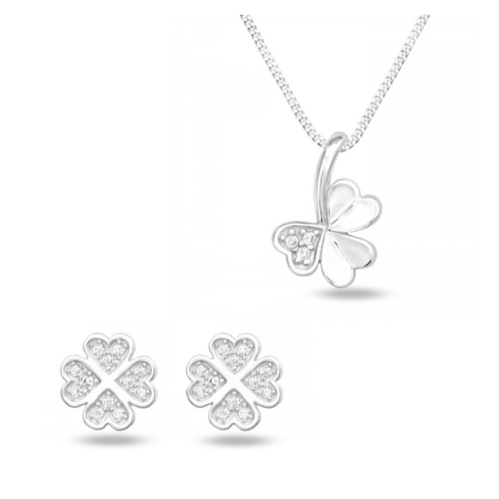 Set argint 925 cercei si colier Trifoi Flower, Boutique23, cutie bijuterii