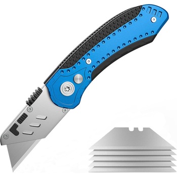 Cutit utilitar pliabil, Inox, Cu 5 lame suplimentare, 15.8 cm, Albastru