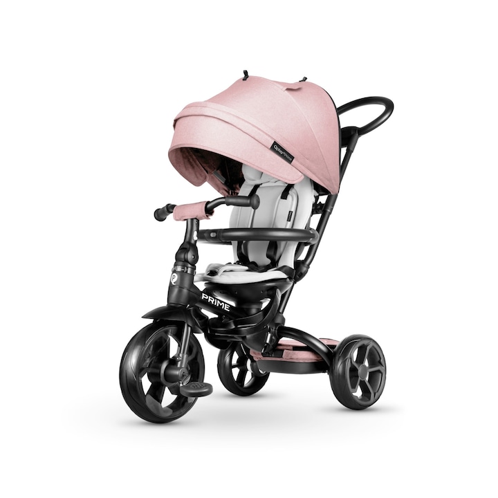 QPlay New Prime 6 az 1-ben gyermek tricikli, forgatható ülés, acél váz, 10-72 hónapos, rózsaszín/fekete