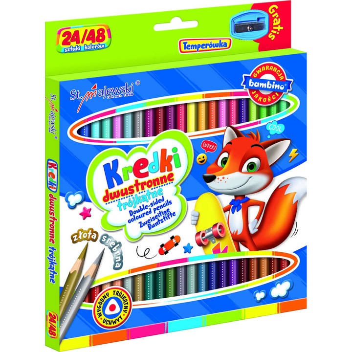 Bambino creioane triunghiulare cu doua fete, 24/48 culori, ascutitor inclus