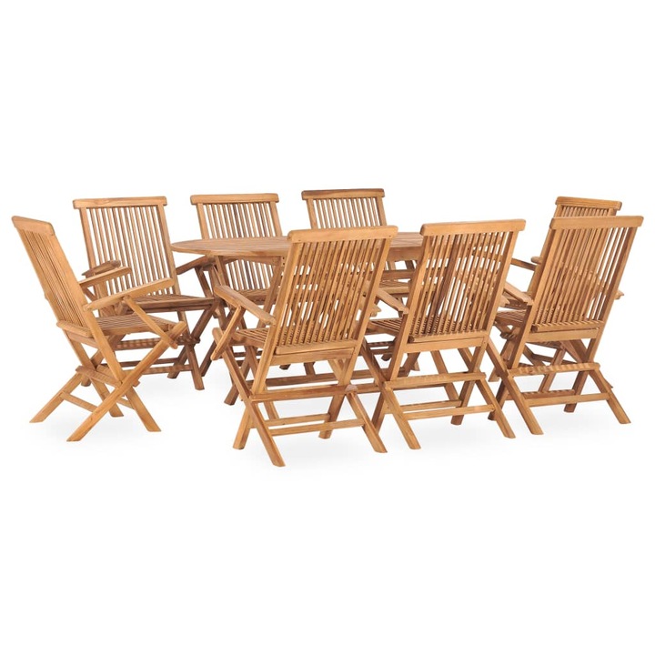 Set mobilier de exterior pliabil vidaXL, 9 piese, lemn masiv de tec, 50.3 kg