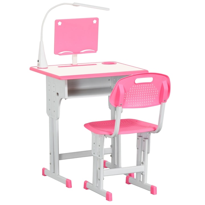 Birou cu scaun pentru copii Homcom, Lampa LED, Inaltime reglabila, MDF/Polipropilena/Otel, 60x45x90-102 cm, Roz