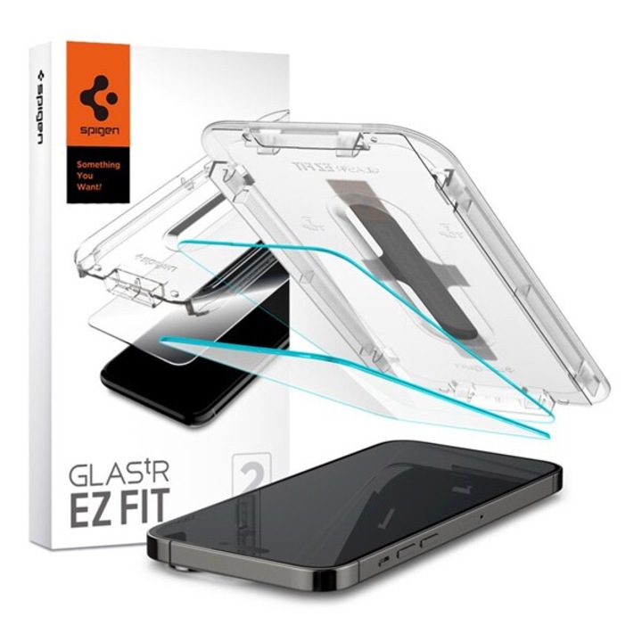 Set 2 folii sticla cu sistem de montare Case friendly Spigen GLAStR EZ FIT compatibil cu iPhone 14 Pro