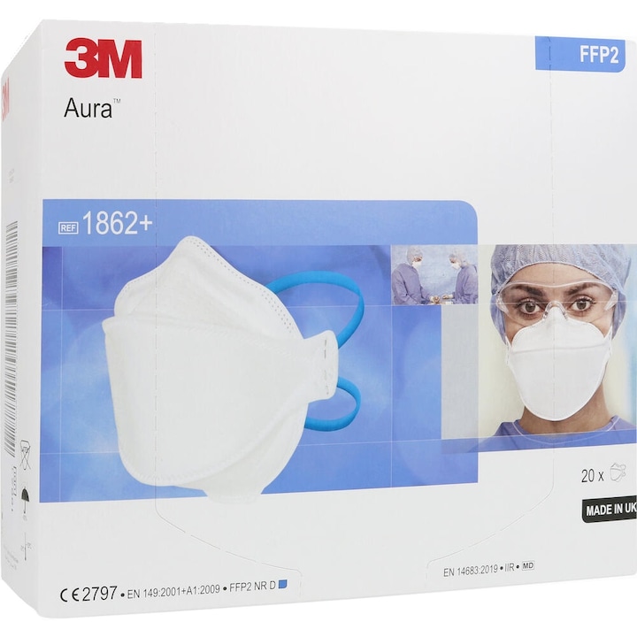 20 db légzésvédő maszk készlet 3M™ Aura™ 1862+, FFP2 NR D, Type IIR, folyadékálló