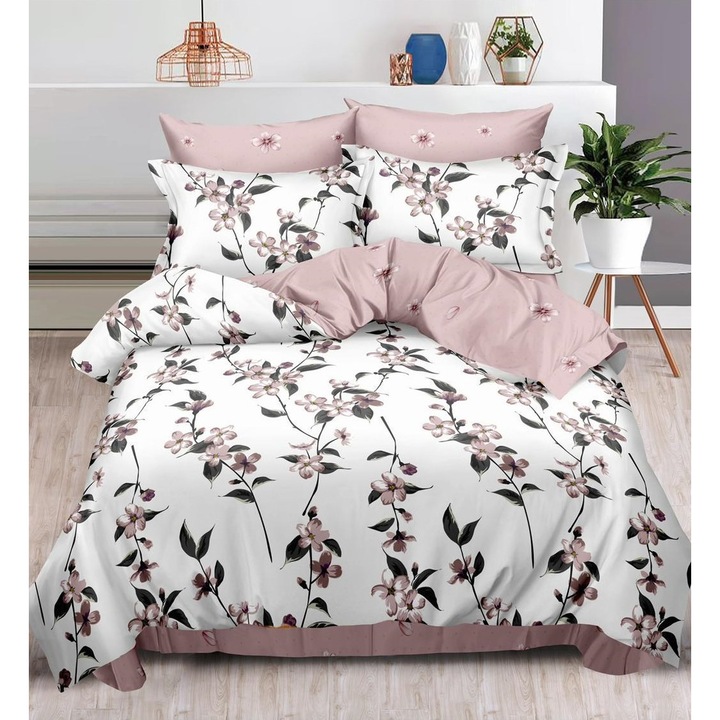 Set lenjerie de pat finet, cu elastic, 6 piese, roz cu model, 180x200 cm