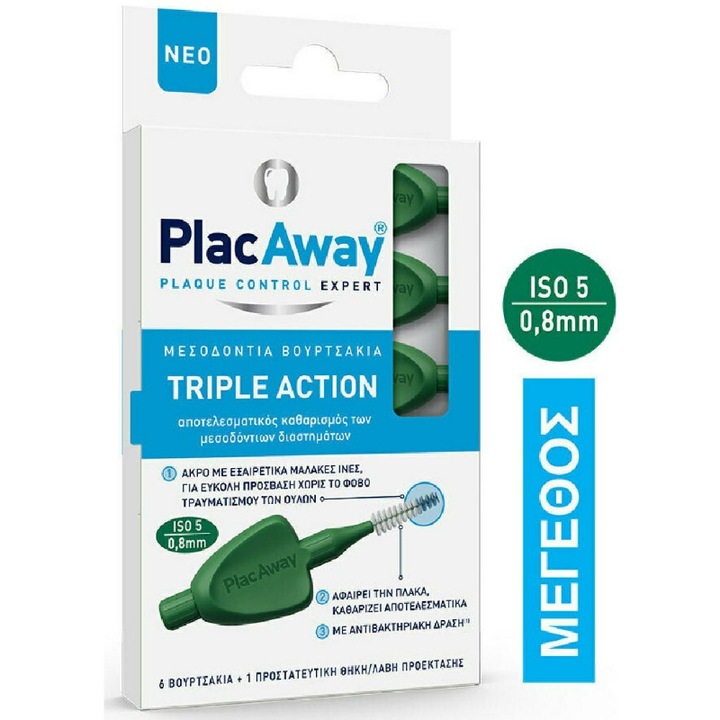 Periute interdentare, Plac Away, Tripla actiune, 0.8 mm, 6 buc, Verde