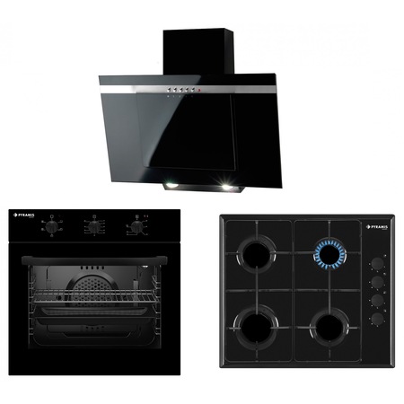 Pachet Pyramis SMARTLINE BLACK STRIPE, cuptor electric 5 functii, plita cu gaz si hota decorativa